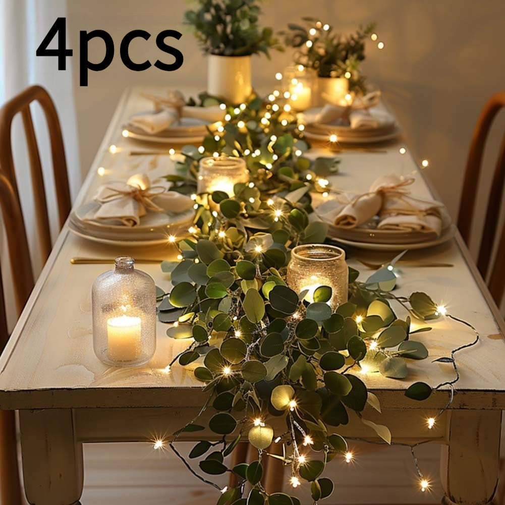Eucalyptus Leaf Wreath String Lights 4pcs Battery Powered Warm LED Fairy Lights for Holiday Table Centerpiece Indoor Home Decoration