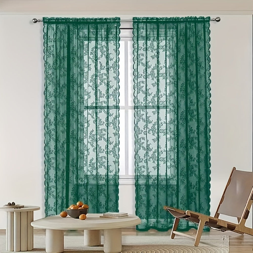 Sheer Lace Curtains 2 Panels Bohemian Floral Semi-Transparent Rod Pocket Window Curtains for Living Room Bedroom All Seasons