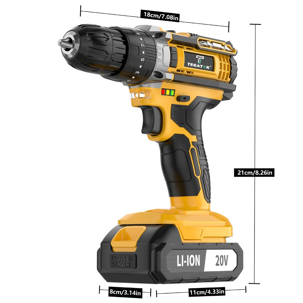 Cordless Drill Set 20V - Tegatok Impact Drill Kit with 45Nm Torque, 23-Speed Settings, LED Light, 2.0Ah Battery & Fast Charger, 58/136/145pcs Accessories for Home Renovation, Woodworking & Metal Drilling