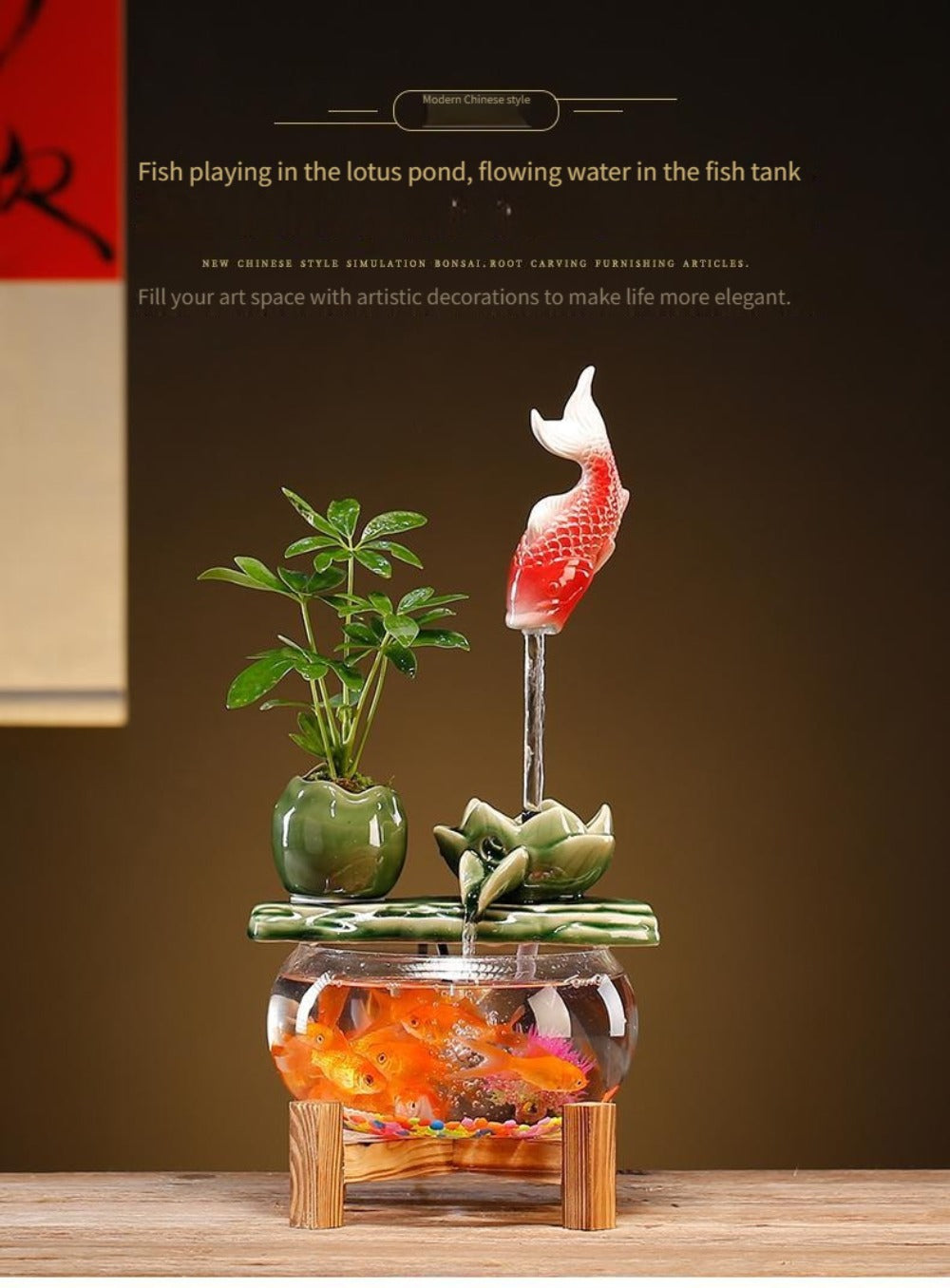 USB Desktop Fish Waterfall Fountain with Glass Bowl ¨C Relaxing Indoor Water Feature Tabletop Decor Zen Fountain Gift