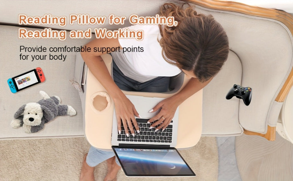 Reading Pillow with Side Pocket & Memory Foam Filling, Large Backrest Pillow for Bed Sofa Floor, Husband Pillow for Reading Gaming Relaxing, Gifts for Men Women, Gray, 2.2KG/4.5LB