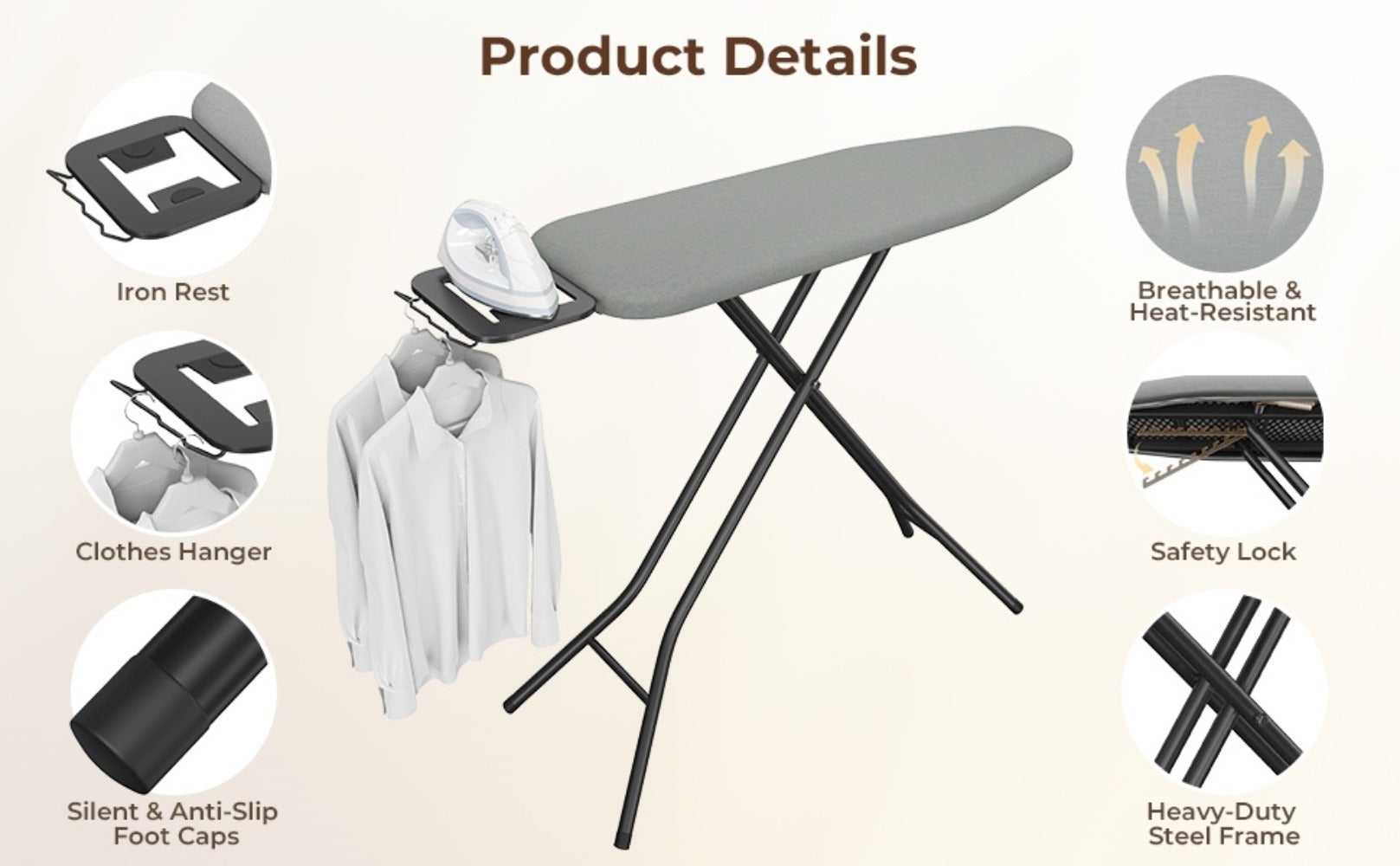 Ironing Board Full Size Adjustable Height Foldable Iron Board with 4-Leg Stand 4-Layer Thick Pad Iron Rest Safety Lock for Home Dorm Laundry Room