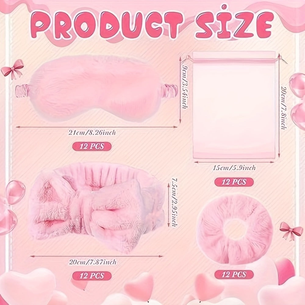 Spa Party Favors 48 Pack Pink Princess Theme - 12 Headbands 12 Sleep Masks 12 Hair Bands 12 Organza Gift Bags for Bachelorette Party Bridal Shower Girls Spa Night Birthday Mother's Day Supplies