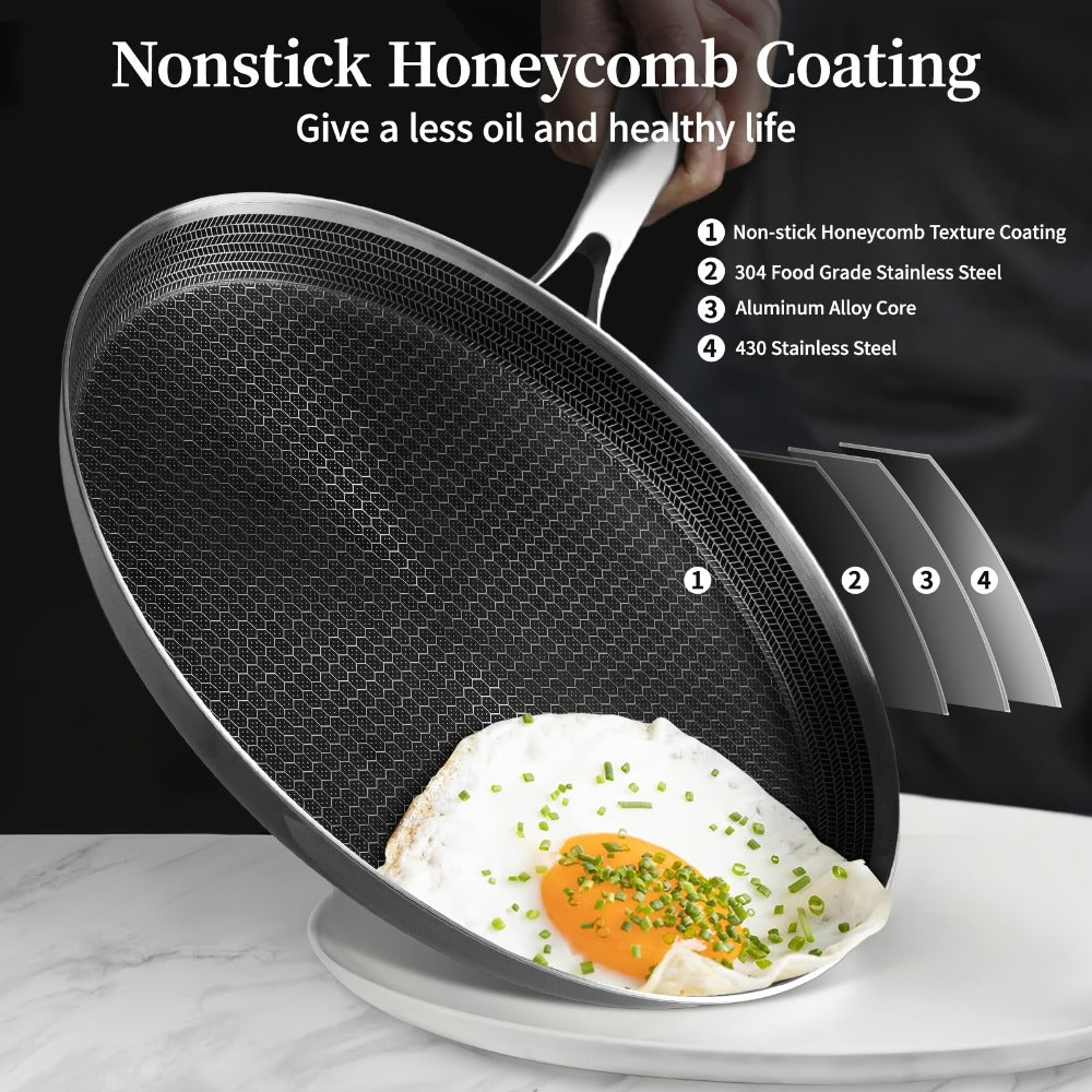 Stainless Steel Crepe Pan 11 Inch Dual Honeycomb Non-Stick PFOA-Free with Lid ¨C Triply Steel Pancake Griddle for Tortillas | Induction Gas Electric Ceramic Compatible Home Camping BBQ Cookware