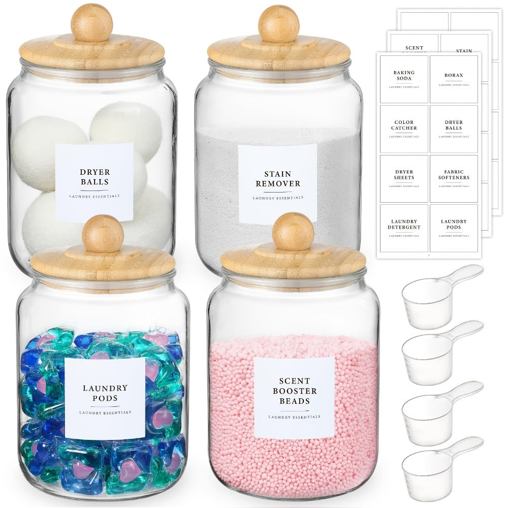 Airtight Glass Jars with Lids Labels and Spoons Half Gallon Storage Canisters for Laundry Detergent Pods Scent Booster Beads Kitchen Pantry Organization Food Safe Wide Mouth 1 2 3 4 Pack