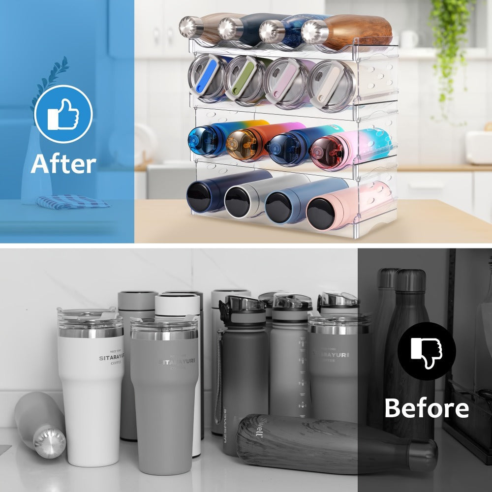 Water Bottle Organizer 4 Tier Stackable - Clear Plastic Cabinet Storage Rack Holds 16 Bottles Space Saving Transparent Pantry Kitchen Organizer | Home Office Pantry Refrigerator Organization