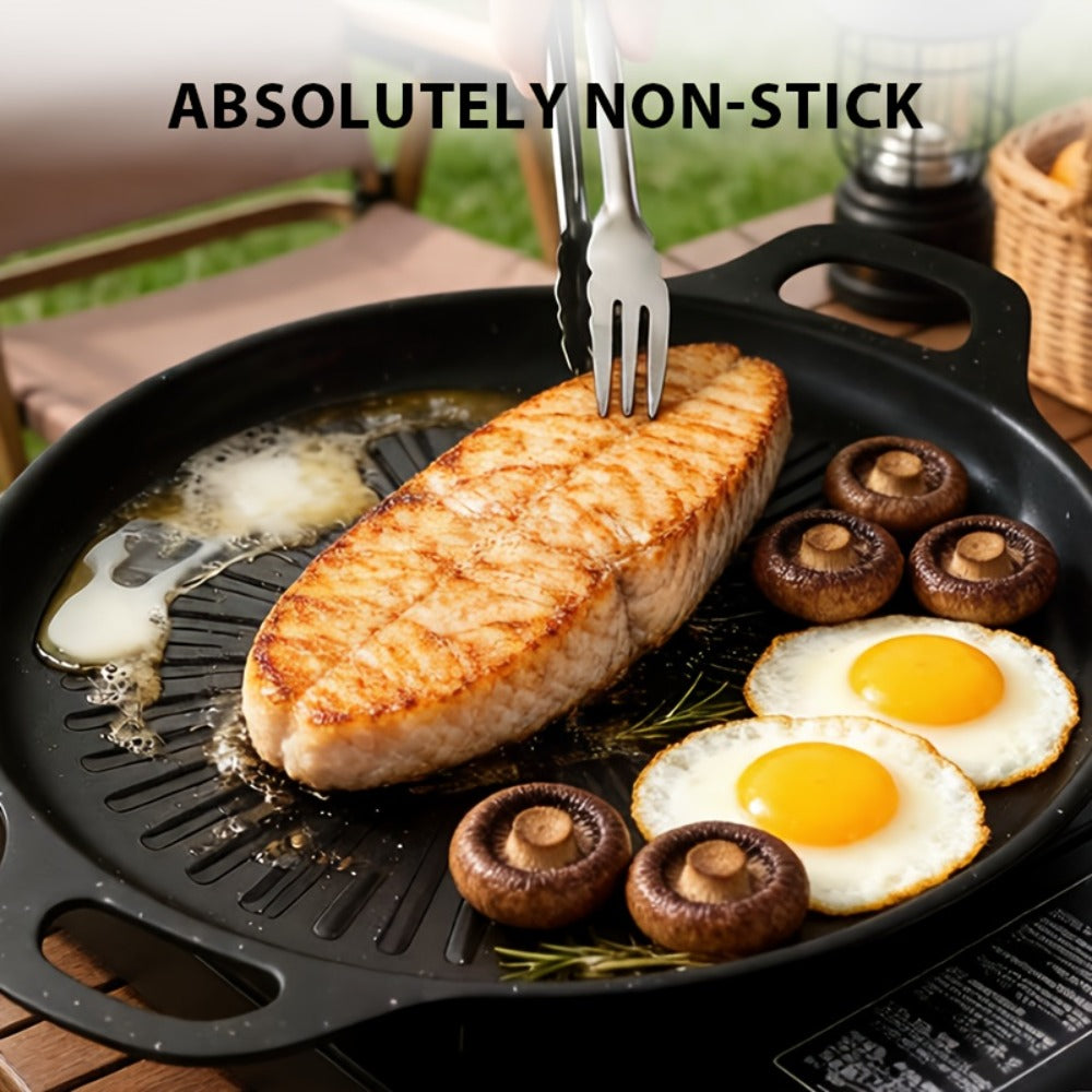 BBQ Griddle Pan Non-Stick with Oil Drain Groove & Double Handles ¨C Multi-Function Grill Frying Pan with Oil Brush for Outdoor BBQ Family Gatherings Indoor Stovetop Cooking | Easy Clean Cookware