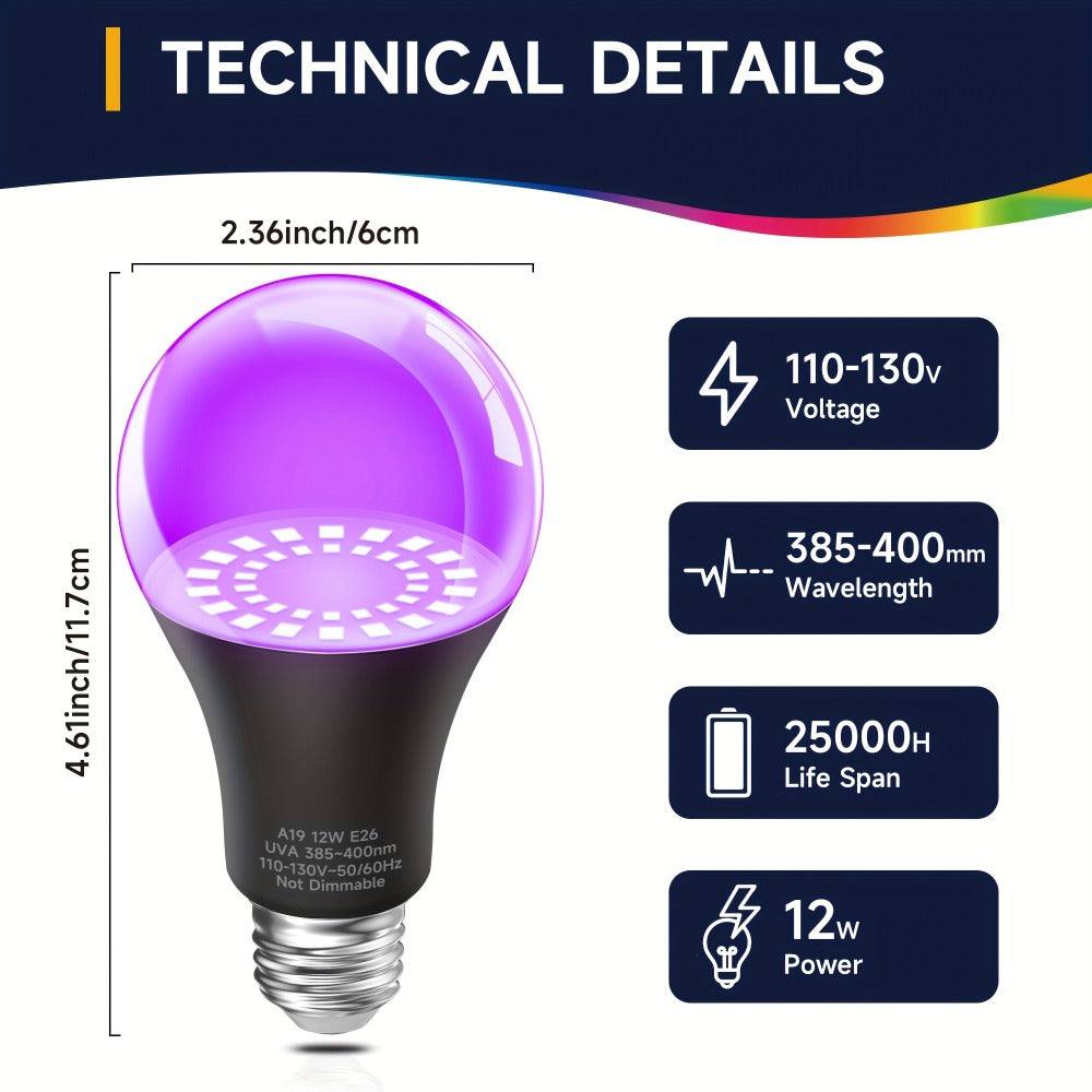 UV Black Light Bulbs 12W LED UVA 385-400nm - Glow in the Dark Party Blacklight Bulb for Halloween, Christmas, Body Paint & Fluorescent Decor, E26 Base