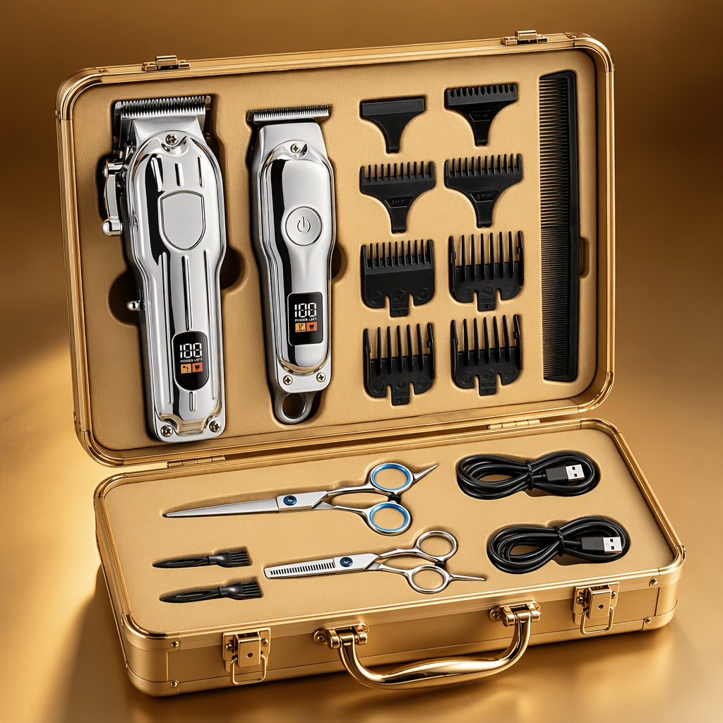 Professional Hair Clipper & Beard Trimmer Set - MENSURE Cordless 6000RPM Hair Cutting Kit with T-Blade Trimmer, 7 Guide Combs, LED Display & Type-C Fast Charging, Barber Kit for Men Home & Salon Use