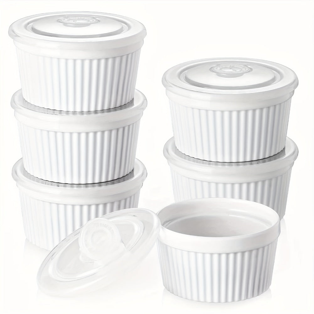 Souffle Dishes Set of 6 Porcelain Ramekins with Lids 8oz Creme Brulee Cups Custard Cups for Baking Pudding Dip Sauce Dessert White Ceramic Bakeware