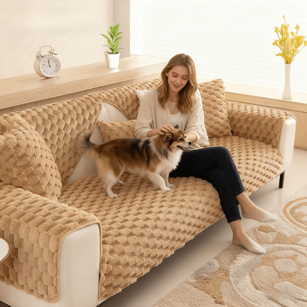 Non-Slip Sofa Cushion Cover Fuzzy Couch Pad Anti-Scratch Pet Friendly Machine Washable Fits 2 3 4 Seat Sectional Recliner 35.5 Inch Wide Beige Light Brown Grey