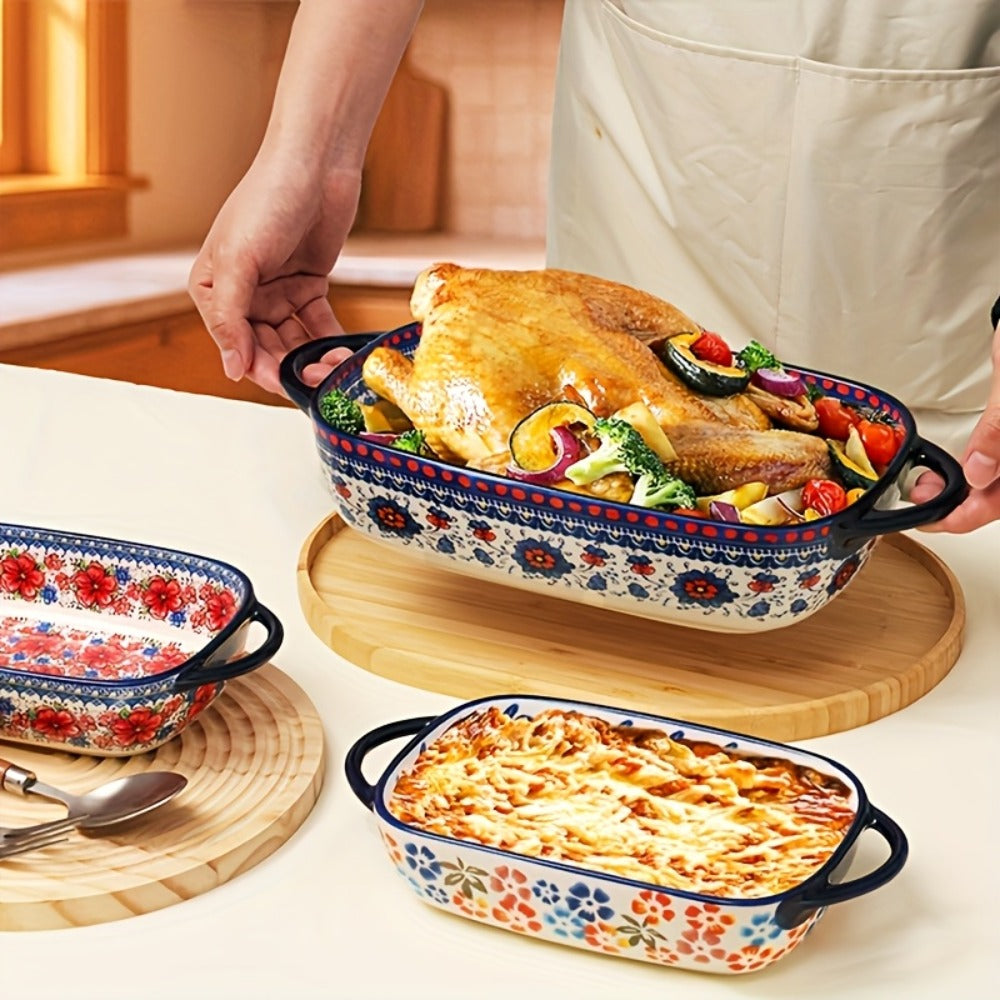 Ceramic Baking Dish Set of 2 Large 13 Inch Rectangular Casserole Dish Porcelain Bohemian Bakeware for Lasagna Roasting Casseroles Oven Safe Red Blue Yellow