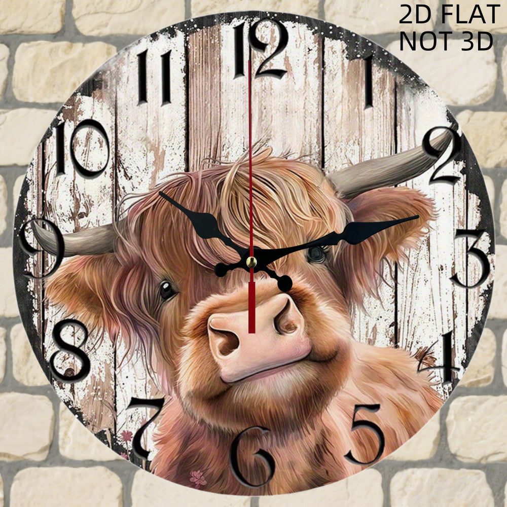 Wooden Wall Clock 10 Inch ¨C Silent Non-Ticking Round Wood Clock with Cute Cow Face Design, Farmhouse Rustic Decor for Living Room, Bedroom, Kitchen & Office, Unique Animal Art Wall Decor Gift