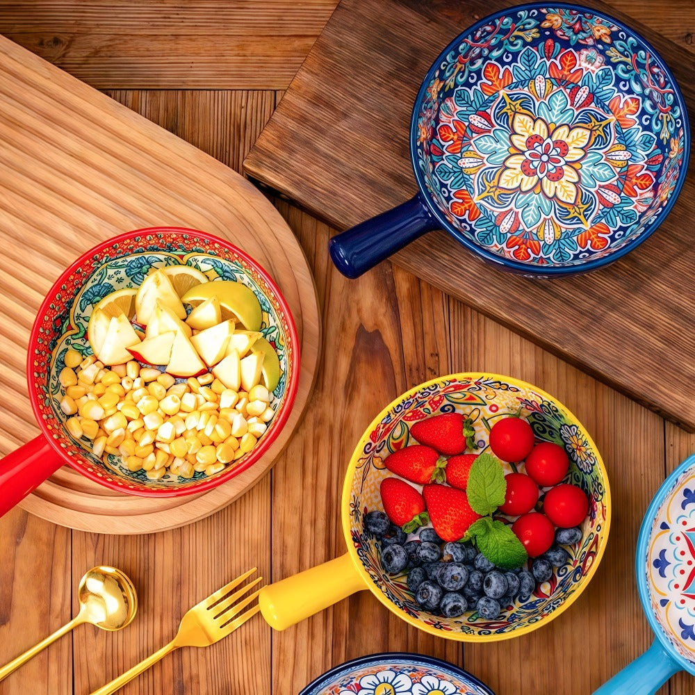 Ceramic Salad Bowl Set of 4 Bohemian Style 8.7 Inch with Handles Microwave and Oven Safe Colorful Serving Bowls for Home Baking Table Serving Gift