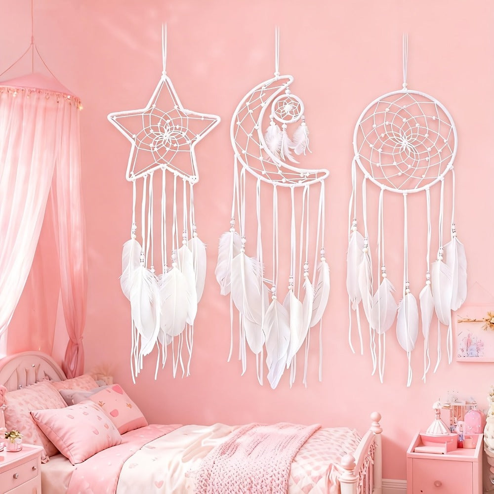 Dream Catcher Set of 3 - Moon Sun Star Wall Hanging Decor for Bedroom, Boho Room Decor for Teen Girls Kids, Princess Bedroom Decoration, 8 Inch Metal Hoop, Pink White Black Brown, Nursery Wall Art Gift