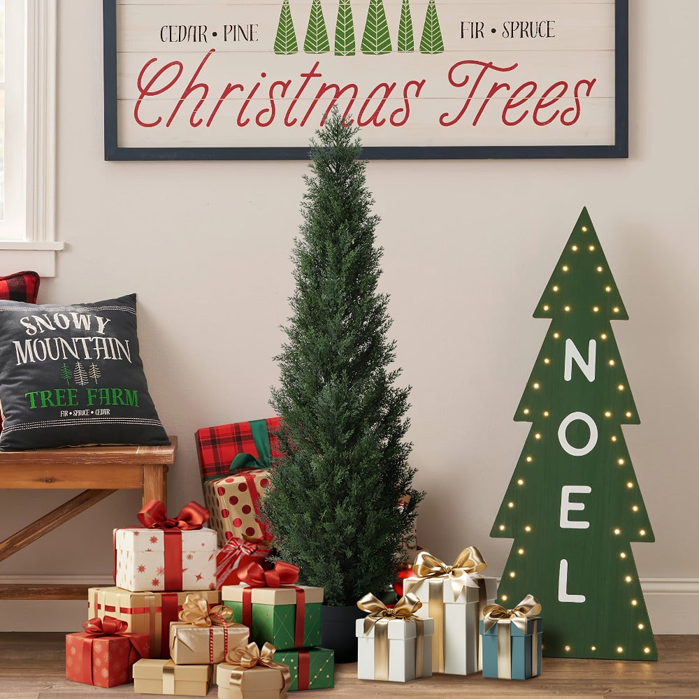 Artificial Topiary Cedar Tree Outdoor Indoor UV Resistant Fake Potted Plant Faux Pine Shrub Front Porch Patio Home Office Decor 3ft 4ft 5ft 1pc 2pcs