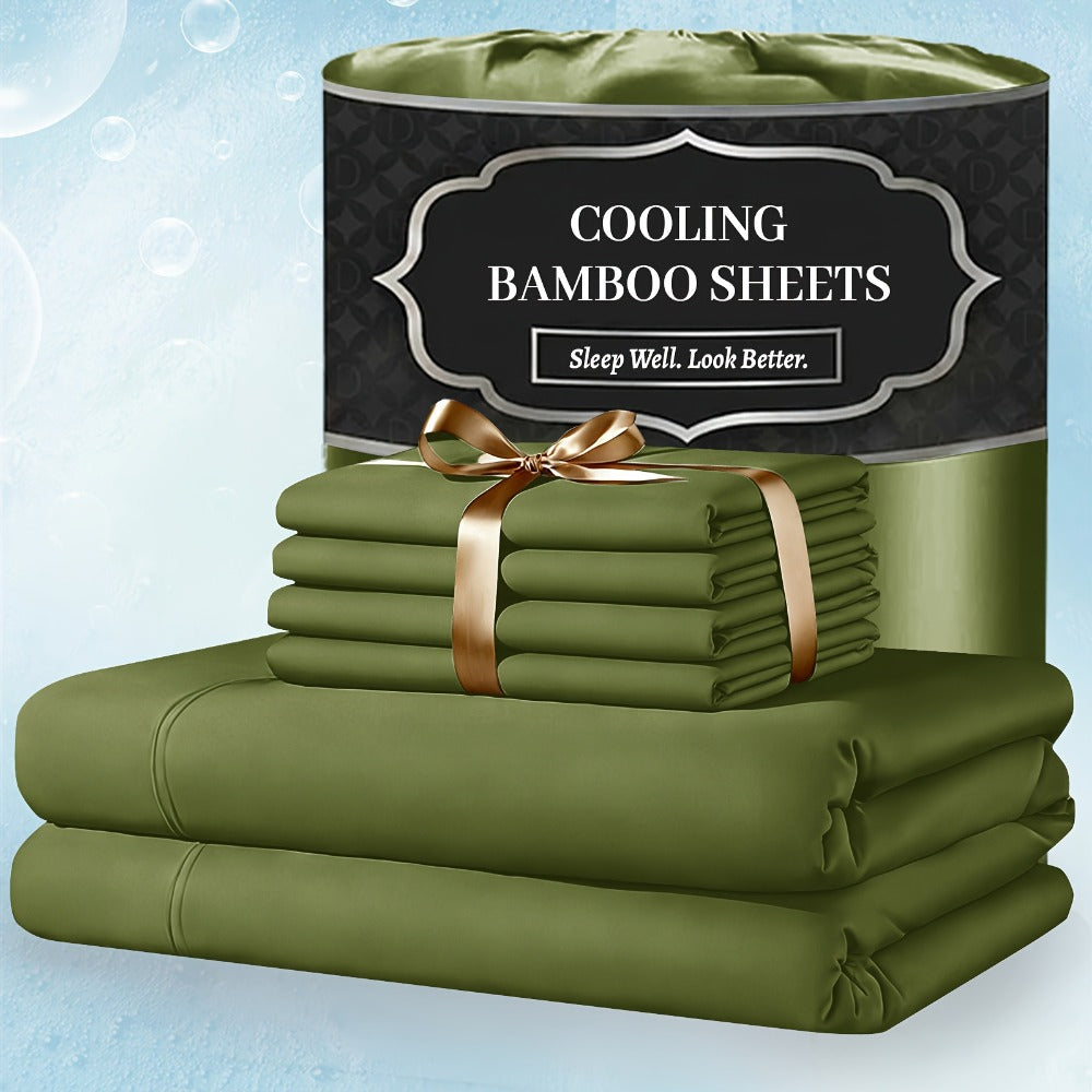 Bamboo Bed Sheet Set 4 Piece Extra Deep Pocket Cooling Breathable Soft Wrinkle Free Hotel Luxury Fitted Sheet Flat Sheet Pillowcases Twin Full Queen King