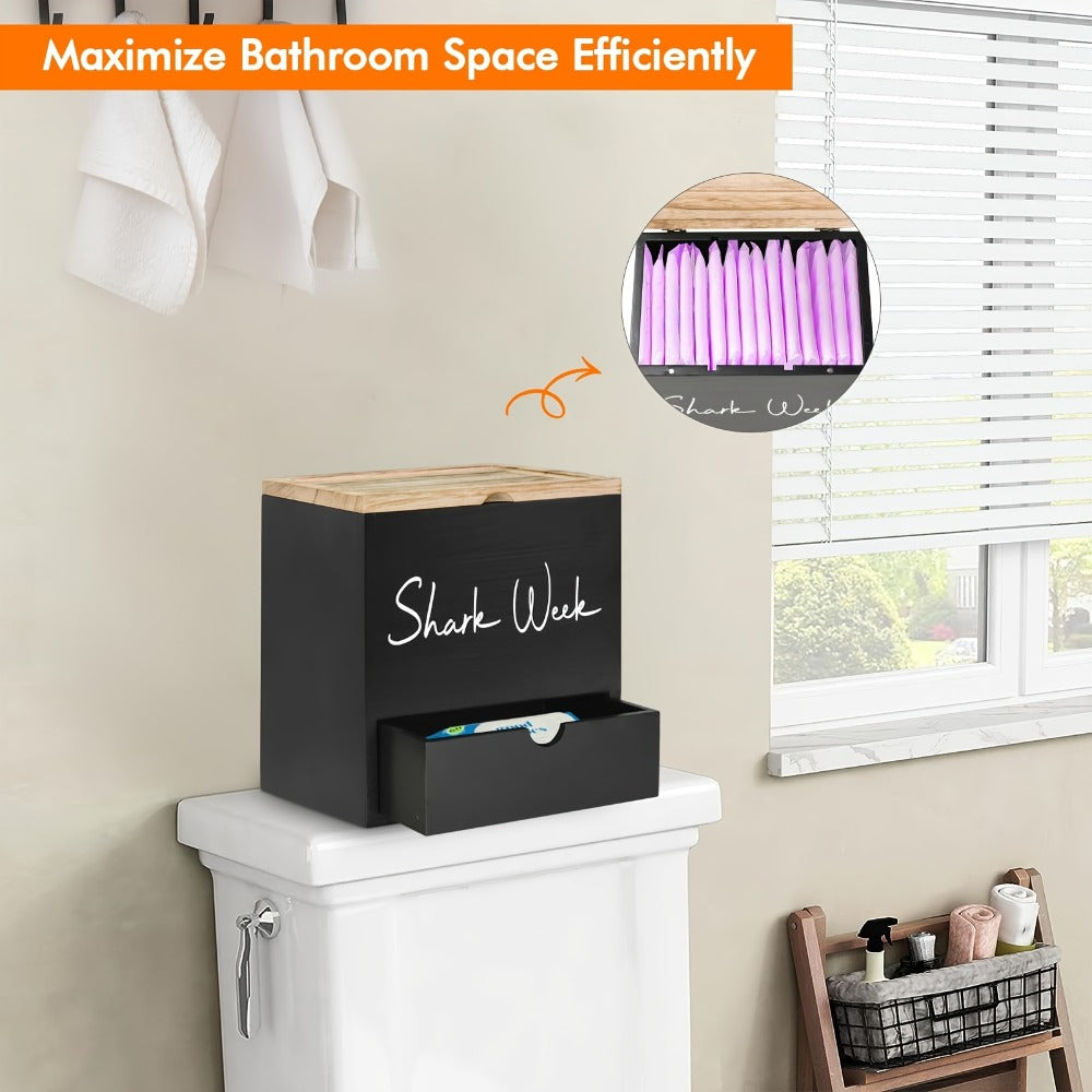 Tampon & Pad Organizer Box with Lid - Wooden Bathroom Storage Bin with Drawer, 3-Compartment Feminine Products Caddy, Farmhouse Bathroom Decor