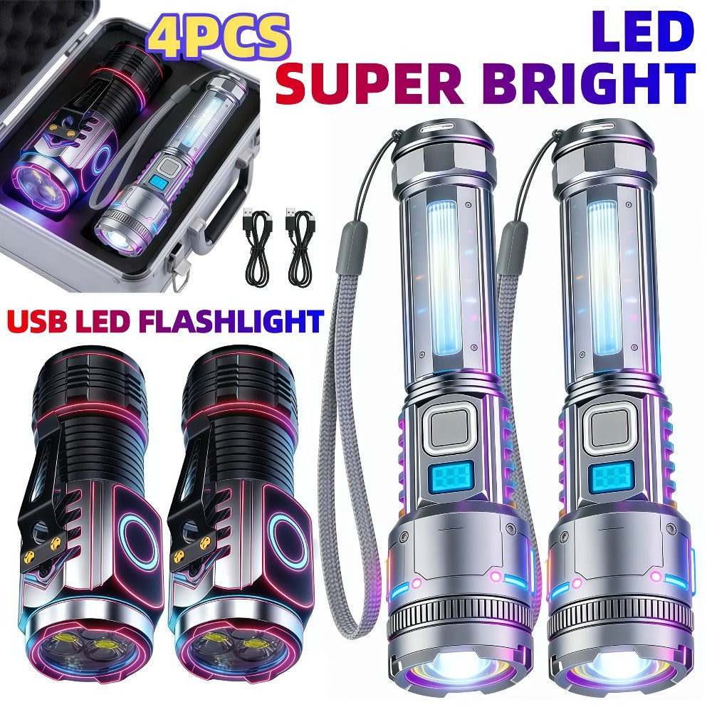High-Intensity Flashlight 4pcs Set - Ultra Bright Rechargeable Zoomable Handheld Flashlight with Magnetic Base Adjustable Beam Multiple Modes Portable Work Light for Camping Fishing Outdoor Emergency