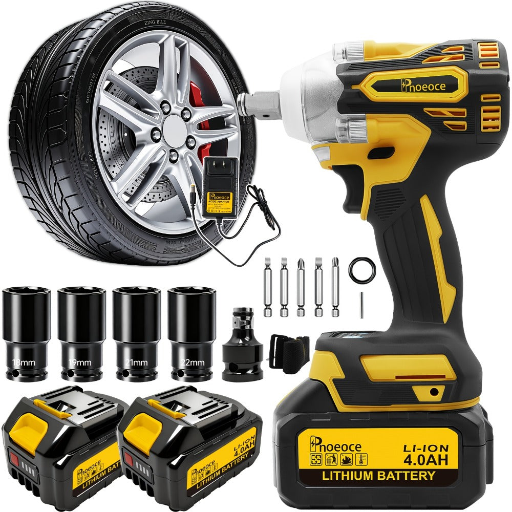 Cordless Brushless Impact Wrench Set 21V, 1/2'' High Torque Impact Gun with 4000mAh Rechargeable Battery, Fast Charger, Variable Speed Control, Complete Accessories for Car, Motorcycle & Home Repair