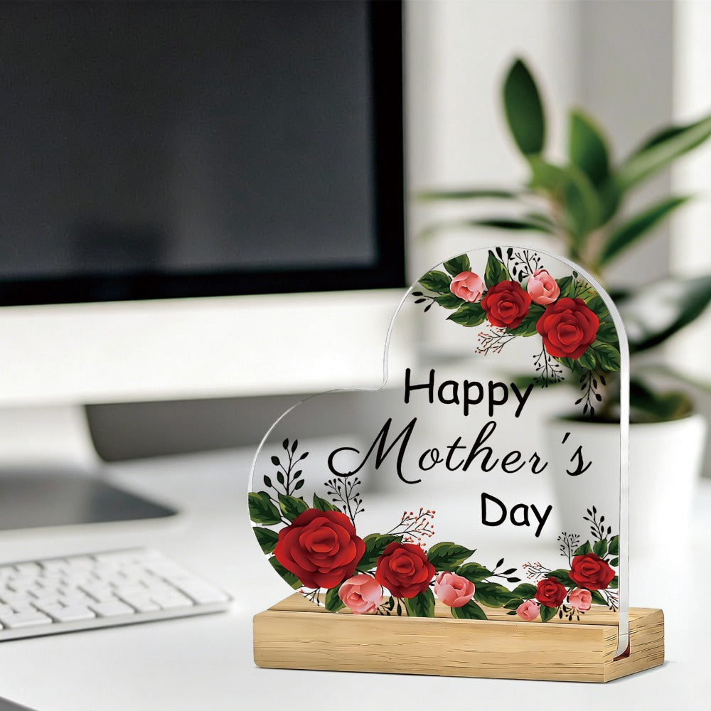 Mother's Day Heart-Shaped Acrylic Sign with Wooden Base | Floral Desktop Ornament for Home Living Room Bedroom | Heartwarming Mom Gift for Mother's Day Celebration Table Decor