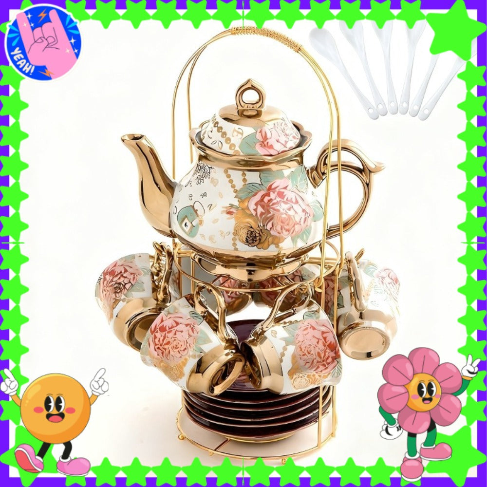 European Floral Ceramic Tea Set 20 Pcs ¨C Italian Style Afternoon Tea Set with Metal Stand ¨C Blooming Pattern Teapot & Cups ¨C Elegant Gift for Tea Lovers & Special Occasions ¨C Golden