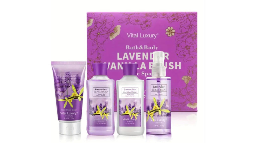 Luxury Bath Gift Set for Women 4pcs Lavender Vanilla Body Care Kit Shower Gel Body Lotion Body Cream Fragrance Mist for Mom Wife Girlfriend All Skin Types