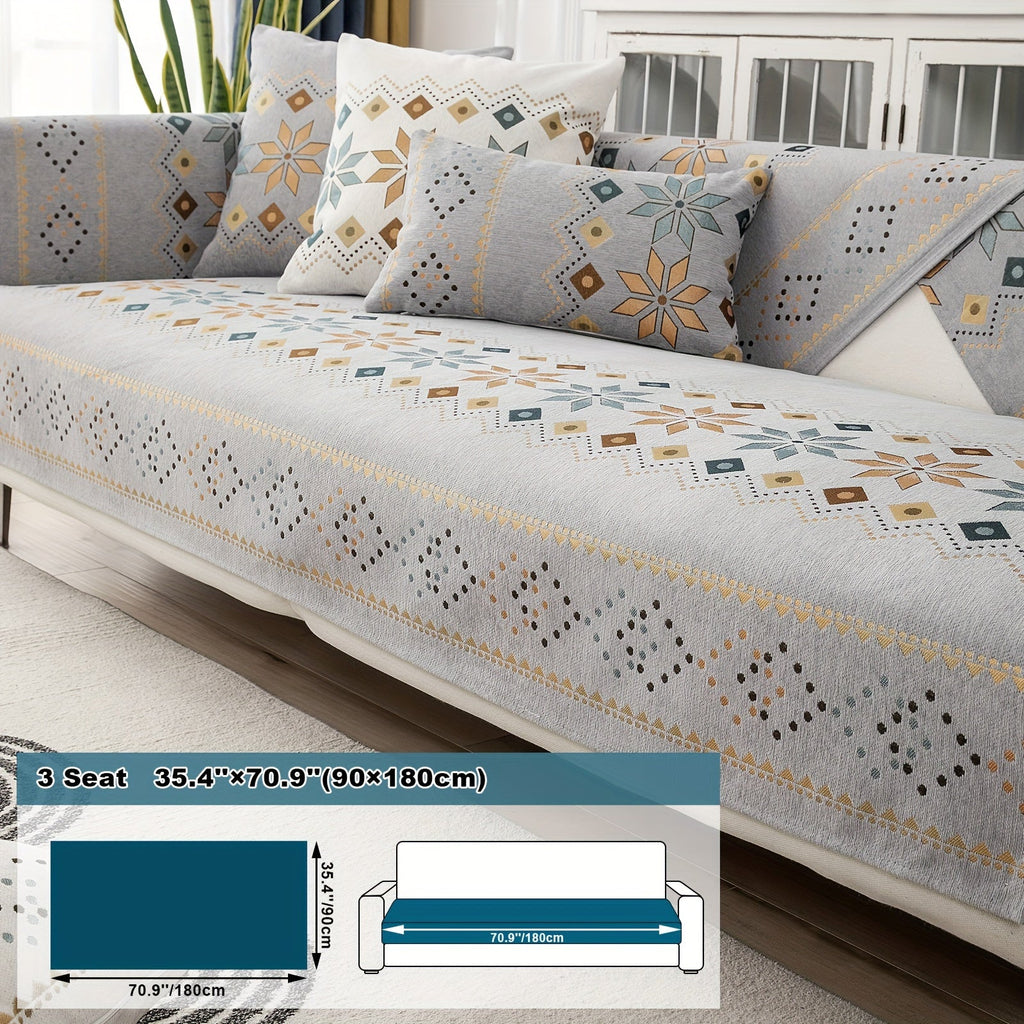 Bohemian Chenille Sofa Cover | Geometric Print Non-Slip Couch Slipcover, Thick Plush Boho Style, 1 to 4 Seat, Armrest & Backrest, Machine Washable, Sectional Sofa Protector
