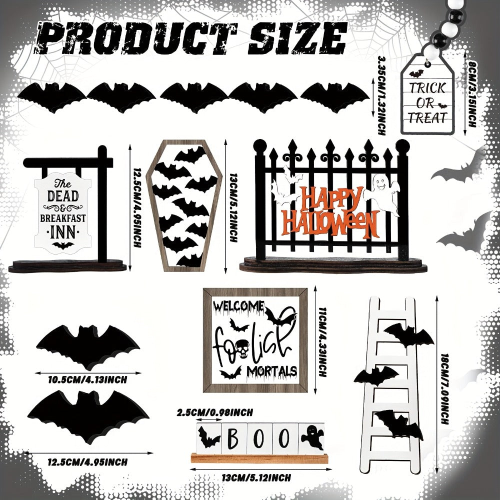 Halloween Tiered Tray Decor Set 14pcs - Bat Wooden Signs Farmhouse Black White Rustic Table Decorations for Kitchen Home Party Supplies