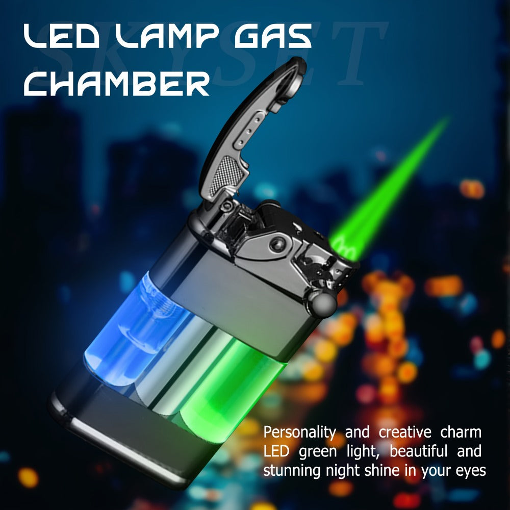 Green Flame Metal Lighter Windproof ¨C Refillable Butane Gas Lighter with Adjustable Flame, Fuel Window & Rocker Arm Ignition, Cool Multifunctional Lighter for Outdoor Camping BBQ Cigars (No Butane)