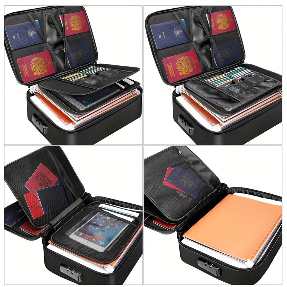 Fireproof Document Organizer Bag with Combination Lock Multi-Compartment Portable File Storage for Home Office Travel Cards Gadgets