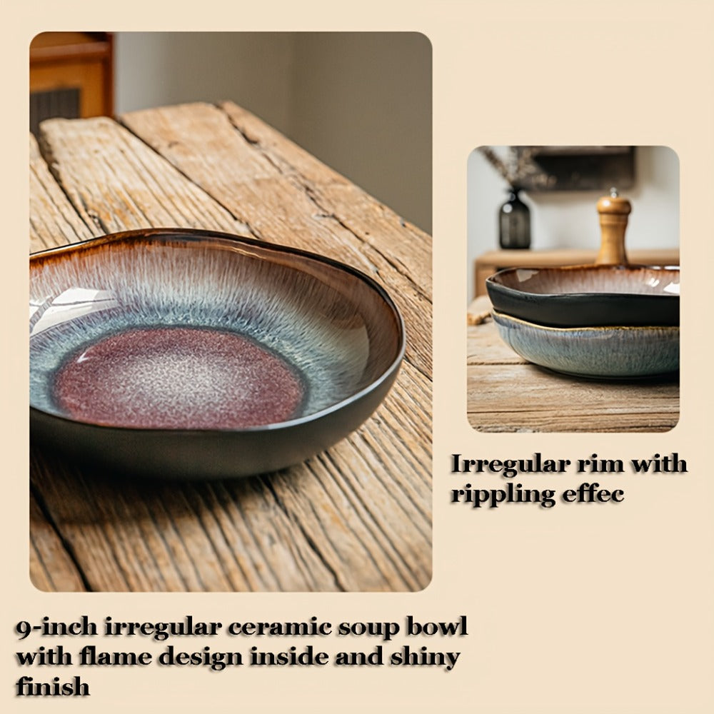 Irregular Deep Dish Ceramic Plate | Artisan Handcrafted Salad Soup Bowl Dish | Unique Edge Design | Dishwasher Safe Tableware for Family Dining