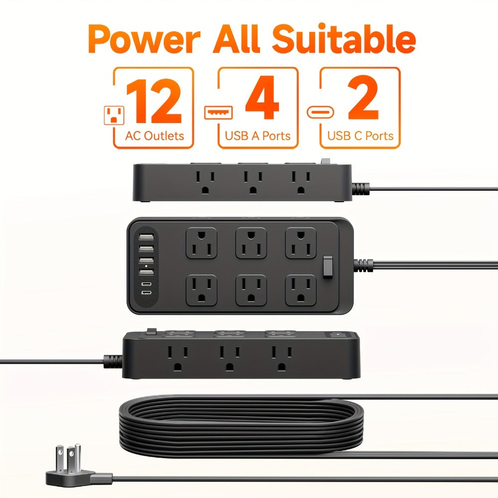 USB Extension Cord Power Strip 18-in-1 with 12 AC Outlets 6 USB Ports Surge Protector Overload Protection Switch 5FT 10FT for Home Kitchen Office Travel Accessories Black White