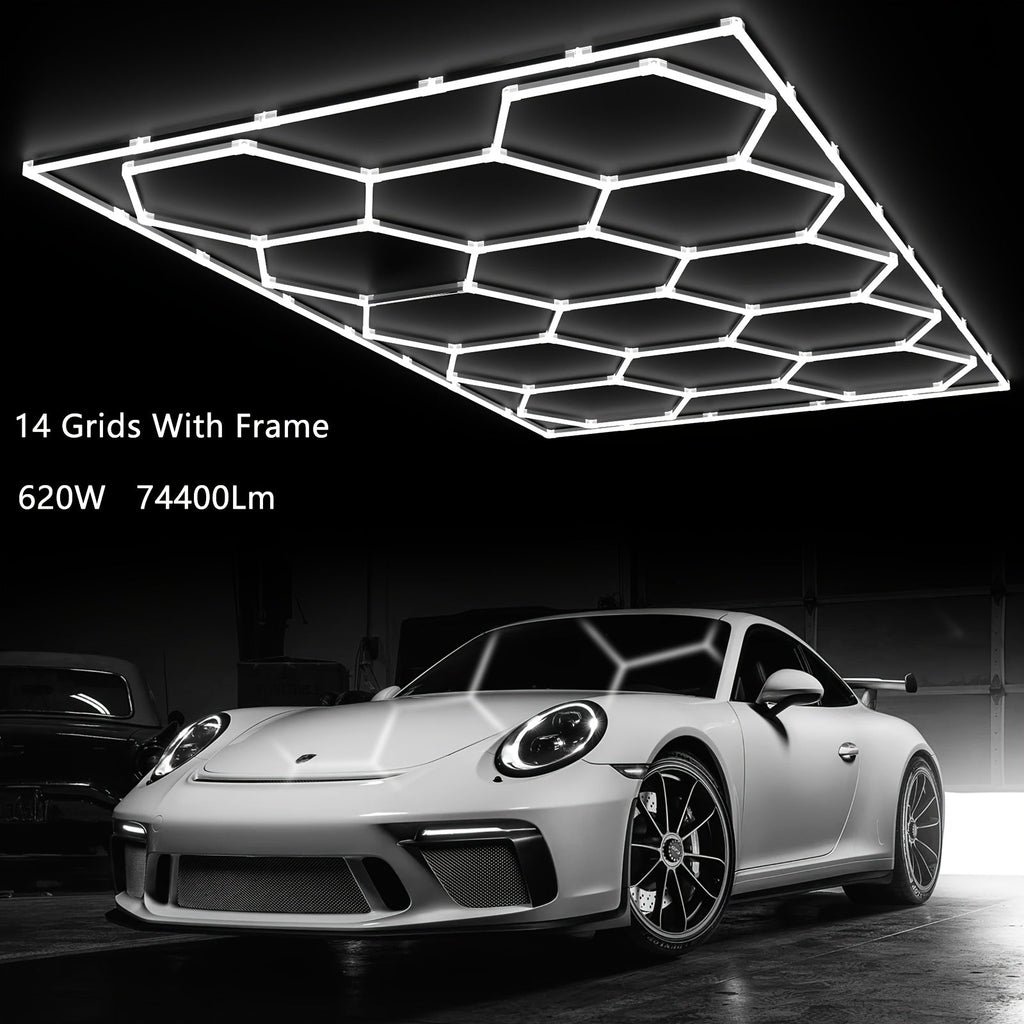 LED Hexagonal Garage Light 6500K ¨C Super Bright Daylight White Shop Light 42W¨C620W for Auto Detailing, Warehouse, Workshop, Basement & Gym (1 to 32 Grids, Hex Frame Available)