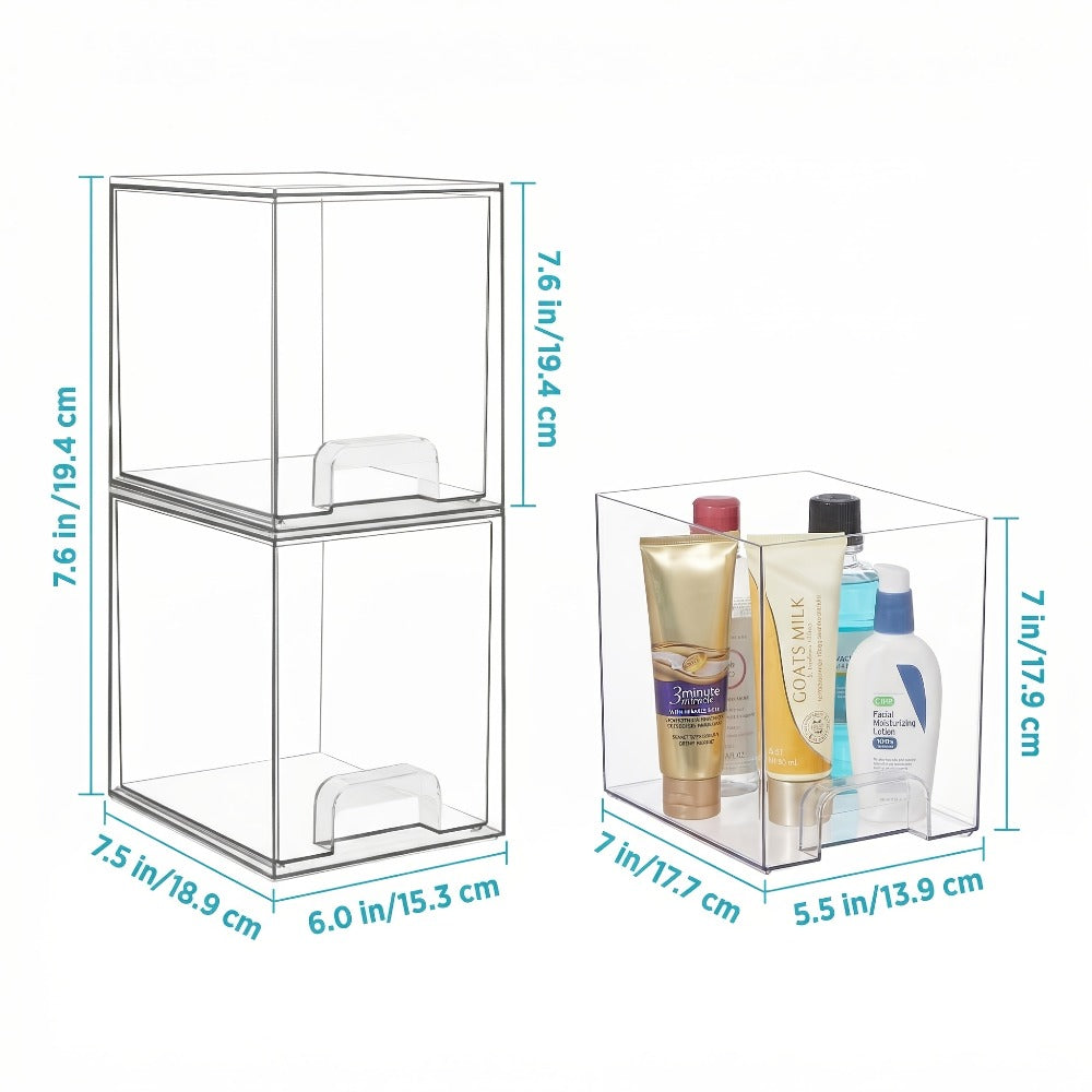 Clear Stackable Desk Drawer Organizer, Acrylic Plastic Storage Bins for Office Desk Organization, Transparent Drawer Divider Bins for Home, Studio & Vanity Table, 2 or 4 Pack Wide Organizer Trays