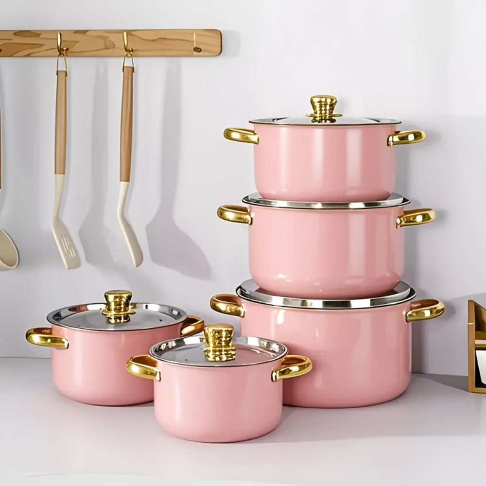 Stainless Steel Non-Stick Cookware Set 10/12pcs, 316 Grade Steel Frying Pan, Stockpot & Milk Pot with Lid, Multi-Functional Kitchen Cooking Set in Gold, Pink & Orange
