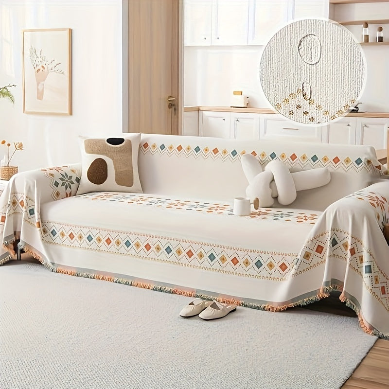 Bohemian Embroidery Chenille Sofa Cover 300GSM - Machine Washable Knit Weave Slipcover for 2 3 4 Seater Sectional Sofa No Padding, 5 Colors