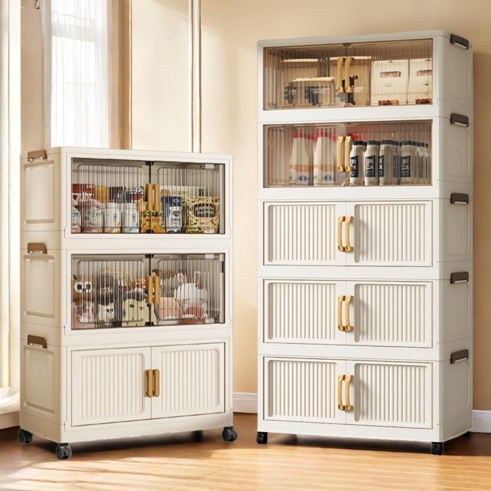 Foldable Stackable Plastic Storage Box with Lid and Wheels 19in Large Folding Locker Container 1 3 or 5 Layer for Wardrobe Bathroom Home Office Dormitory Organization
