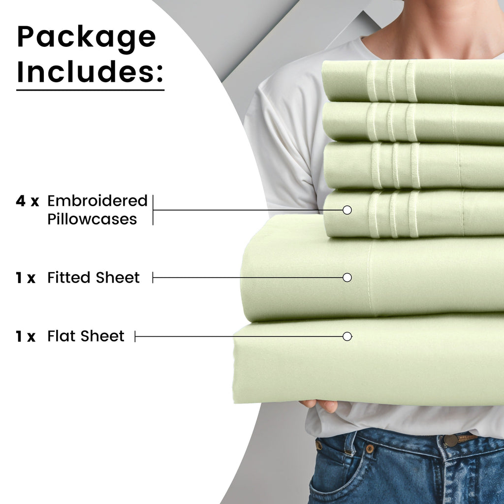 Fitted Sheet Set 6-Piece Brushed Polyester Deep Pocket Bed Sheets 20 Colors Hotel Luxury Soft Bedding with Embroidered Pillowcases