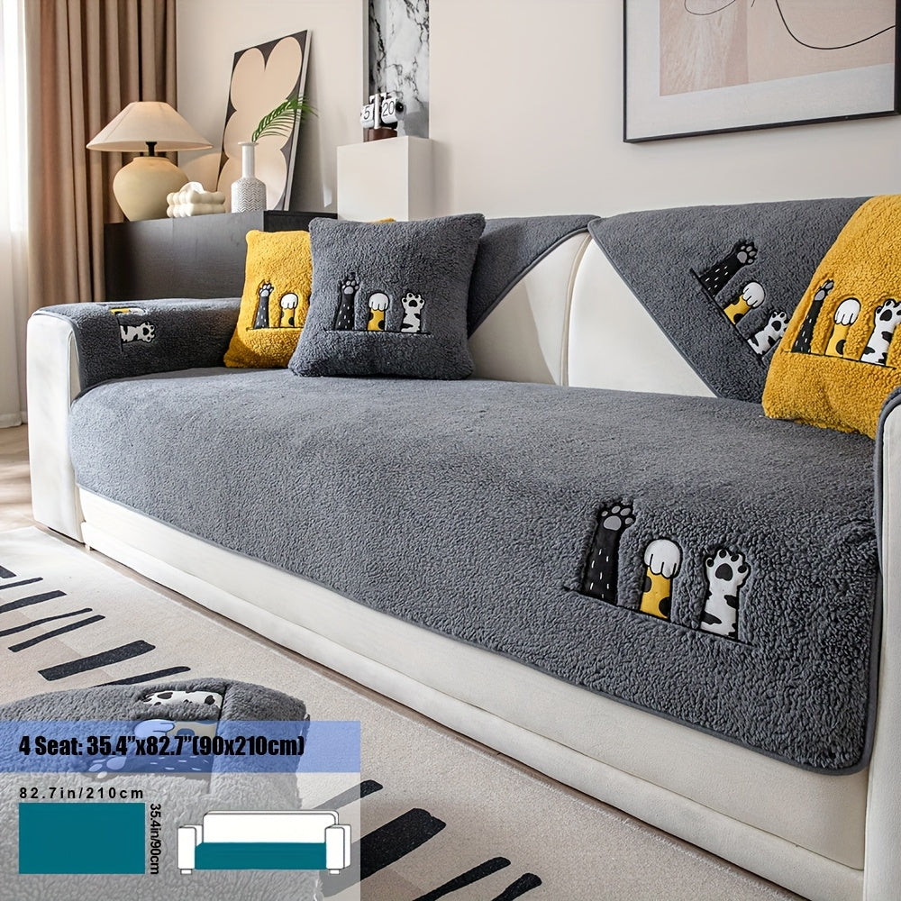 Sherpa Sofa Cover Cat Paw Embroidered Thick Plush Couch Slipcover Non-Slip Seat Cushion Protector Pet-Friendly Machine Washable Furniture Cover for Living Room Home Decor