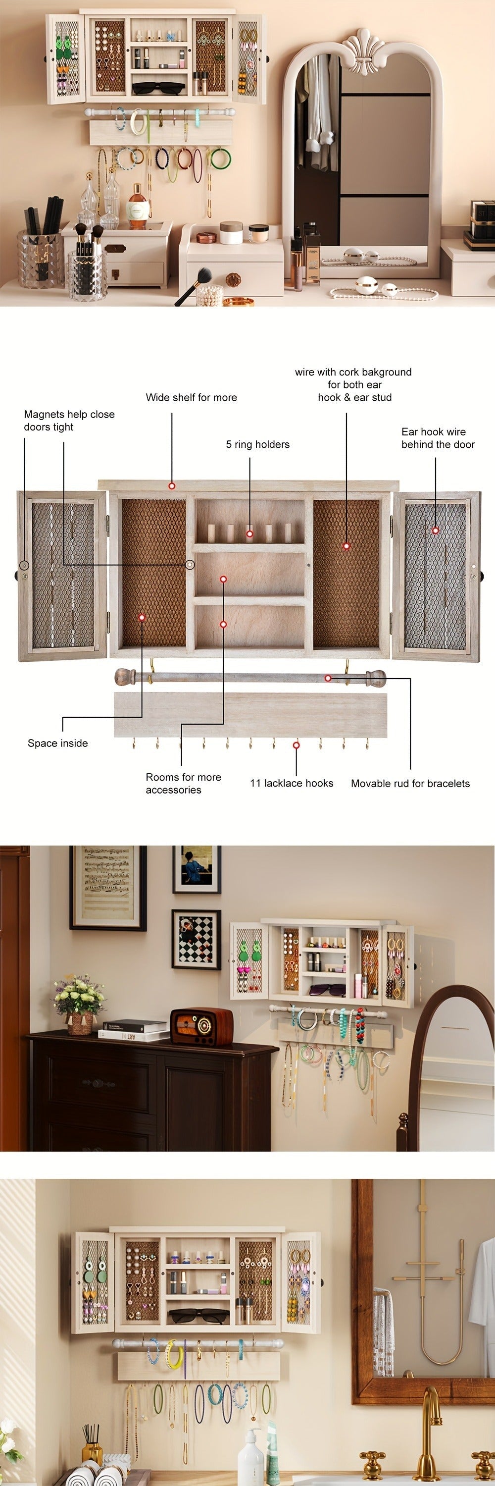Wall-Mounted Wood Jewelry Organizer ¨C Rustic Hanging Display Shelf with Removable Bracelet Rod & Hooks for Necklaces, Rings & Bracelets, Space-Saving Dressing Room Decor