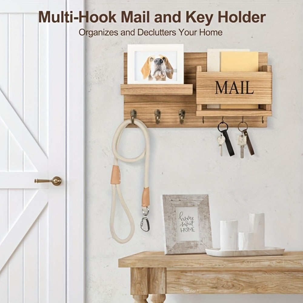 Wall Mounted Storage Rack with Mail Slot ¨C Rustic Wood Floating Shelf with Hooks for Keys, Hats & Envelopes, Decorative Organizer for Entryway, Porch, Bedroom, Bathroom & Living Room