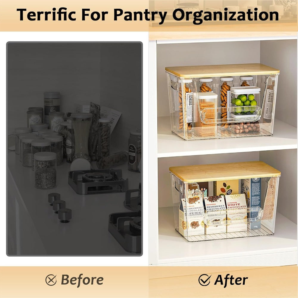 Clear Stackable Kitchen Pantry Organizer 2 Pack with Bamboo Top Durable PET Storage Bins for Onions Potatoes Fruits Vegetables Space Saving Ventilated Produce Organizer