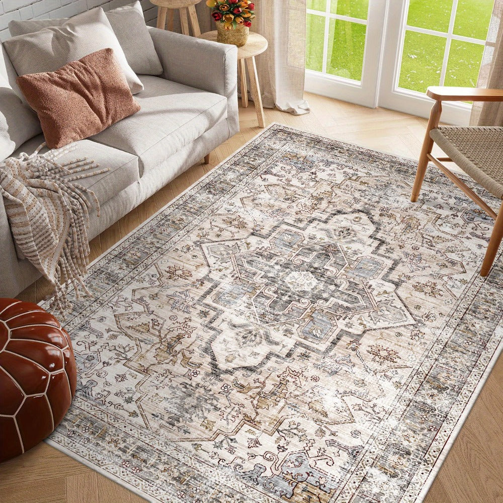 Bohemian Area Rug Ultra-Soft Non-Slip Washable Retro Foldable Carpet for Living Room Bedroom in Beige and Grey Multiple Sizes