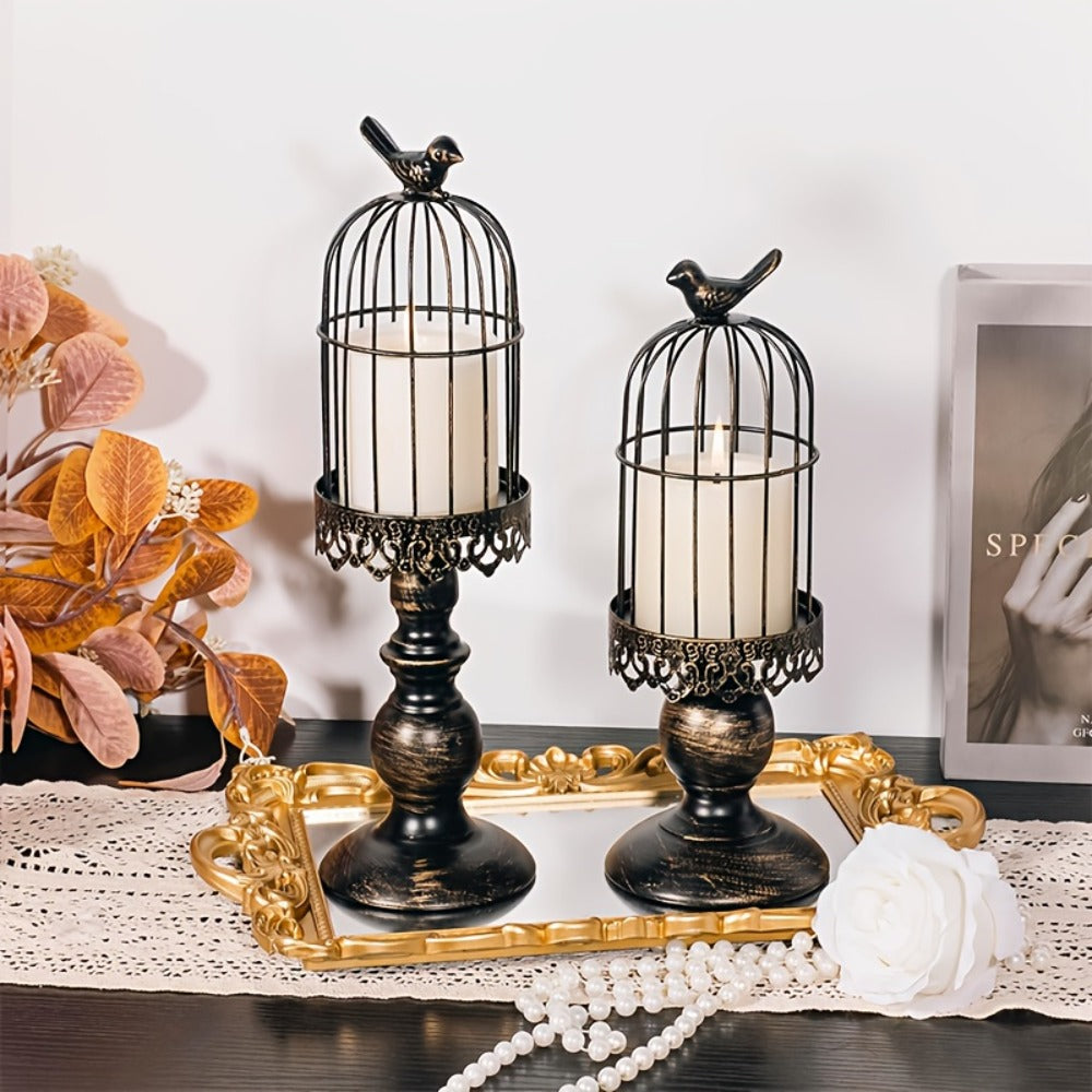 Birdcage Candle Holders Set of 2, Vintage Metal Candlestick Holders with Polished Finish ¡ª Wedding Table Centerpieces, Home Decor & Christmas Decoration | Black & White