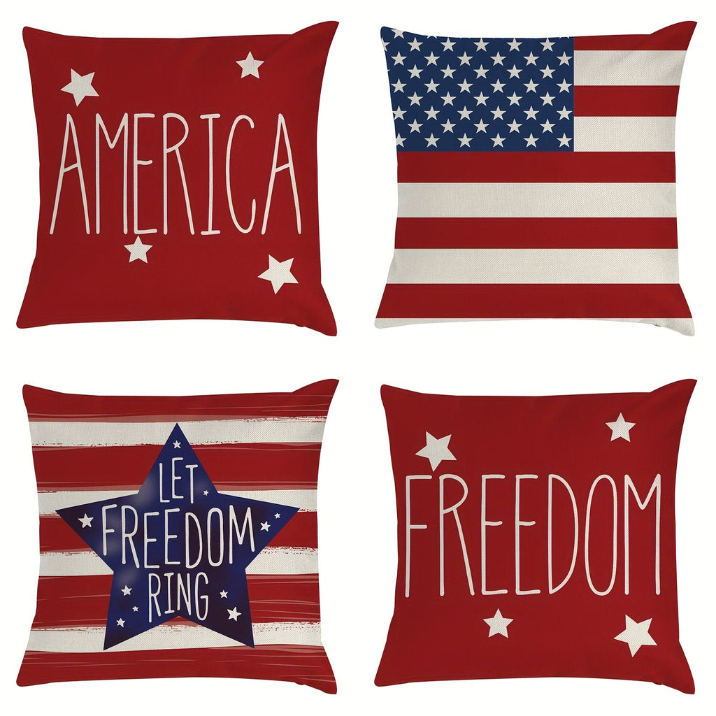 Patriotic Pillowcase Set 4pcs ¨C Stars & Stripes Polyester Pillow Covers, Zipper Closure, Machine Washable, Red White Blue July 4th Independence Day Home Decor