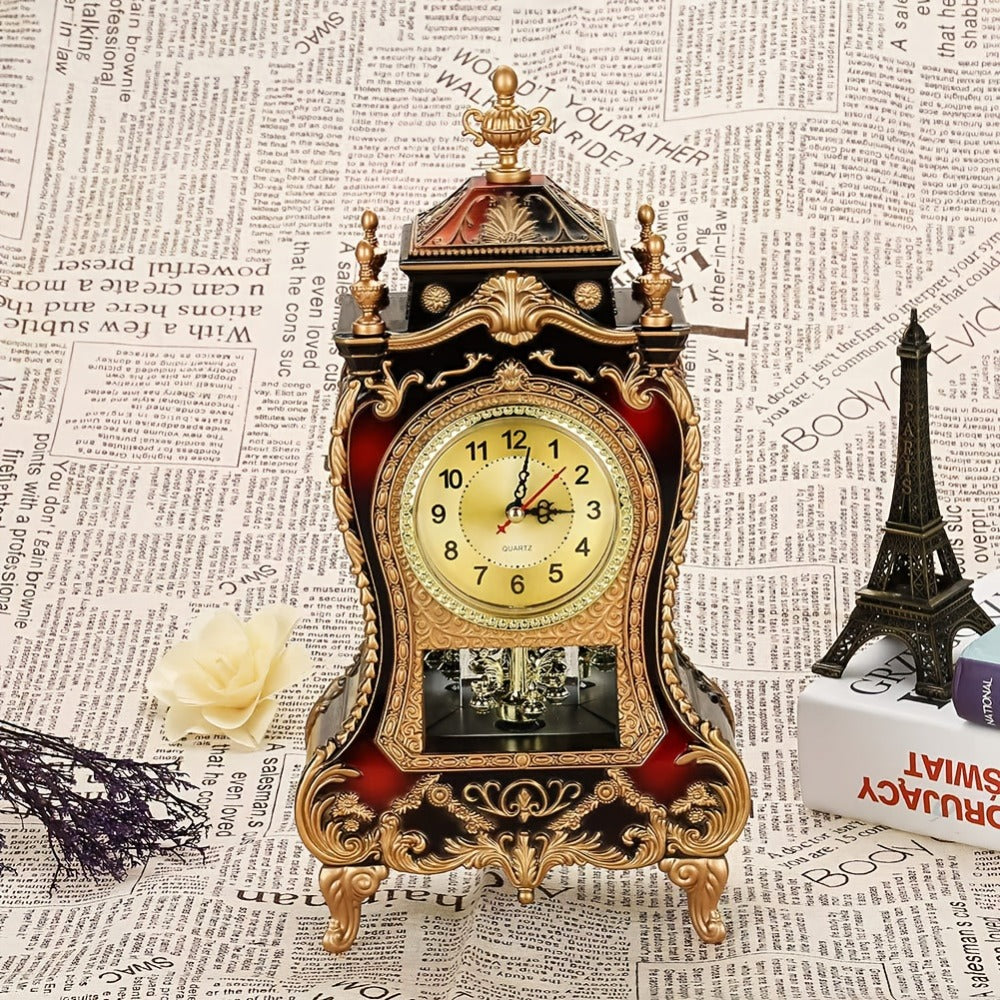 Vintage Desktop Alarm Clock with 12 Melodies European Style Decorative Table Clock for Living Room Bedroom Study Office Retro Burgundy Tabletop Clock 14 Inch