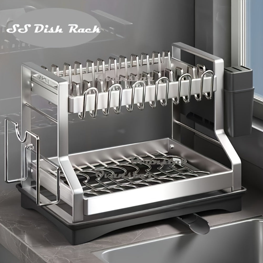 Stainless Steel 2-Tier Dish Rack with Auto Drainage | Rust-Resistant Kitchen Drying Rack for Dishes, Bowls, Cups & Utensils