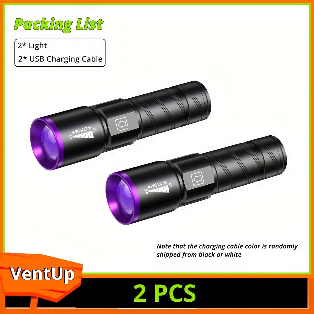 UV Blacklight 2 Pack Rechargeable Portable | Adjustable Brightness & Zoom Ultraviolet Lamp | Scorpion Detection Pet Urine Stain Finder Nail Polish Resin Curing Fluorescent