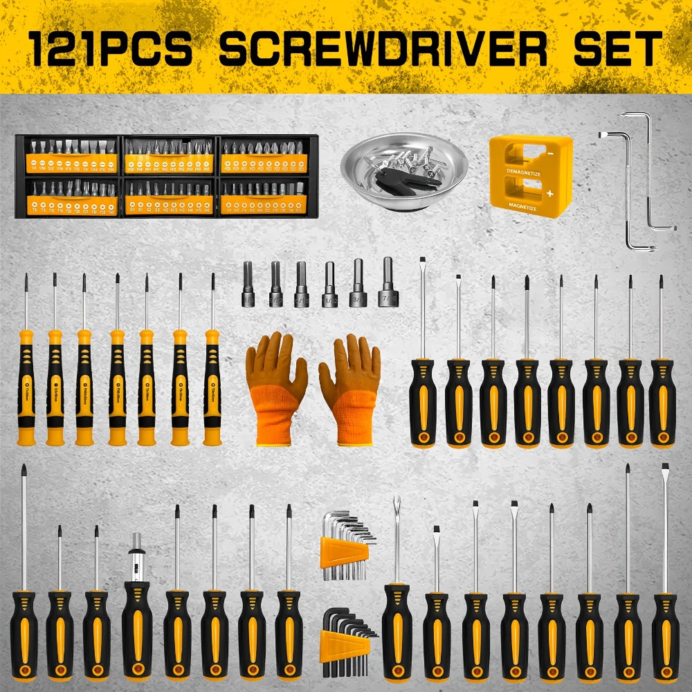 Magnetic Screwdriver Set 121-Piece ¨C Chrome Vanadium Steel, Non-Slip Handle, Multi-Size Bits with Storage Rack, Magnetic Bowl, Gloves & Nail Puller ¨C Complete DIY Tool Kit Gift for Men